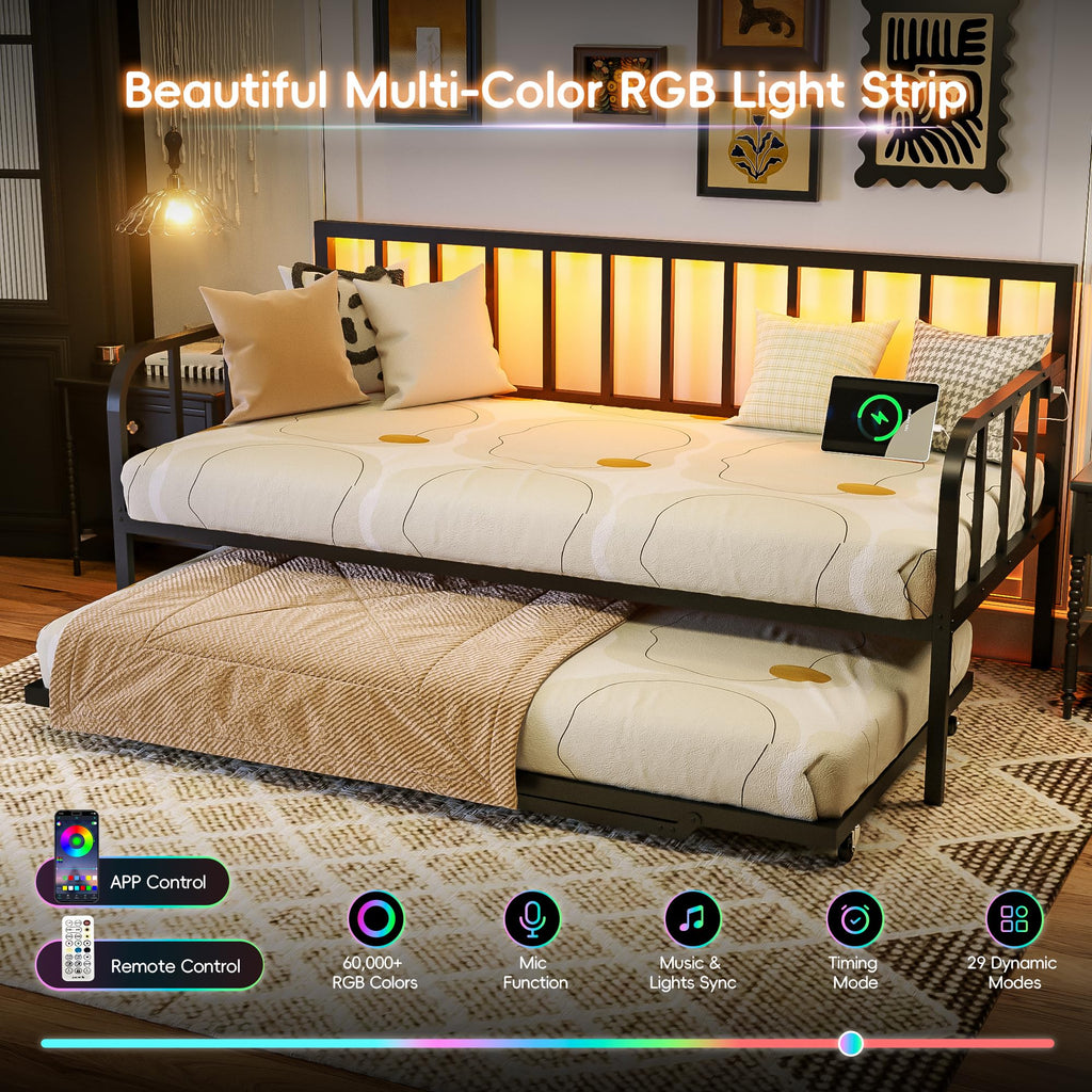 Black Twin to King Metal Daybed with Pop Up Trundle F7995
