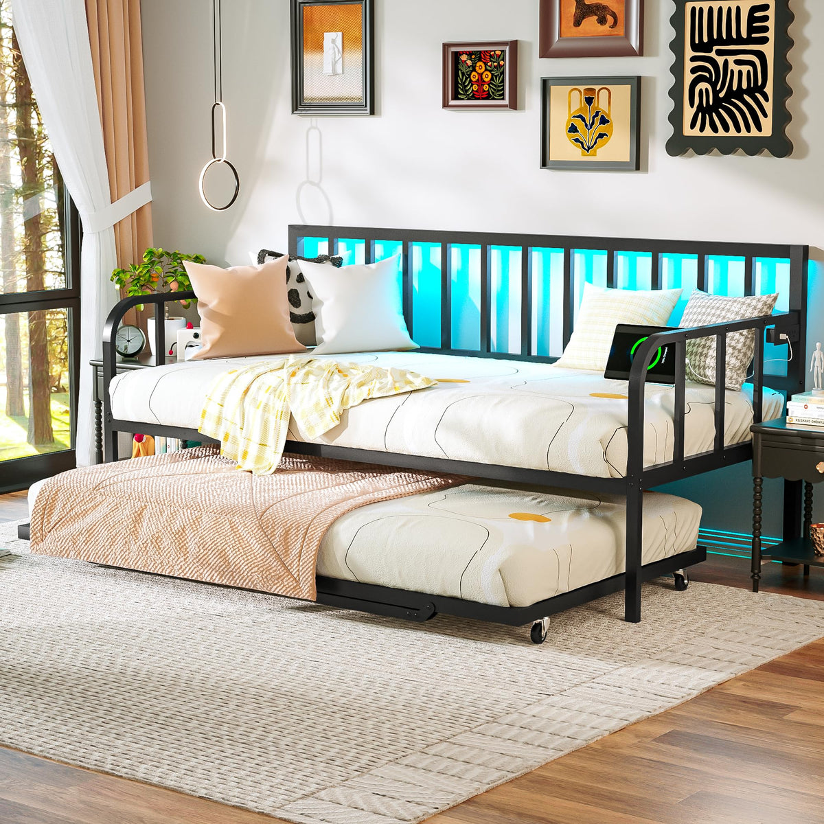 Black Twin to King Metal Daybed with Pop Up Trundle F7995