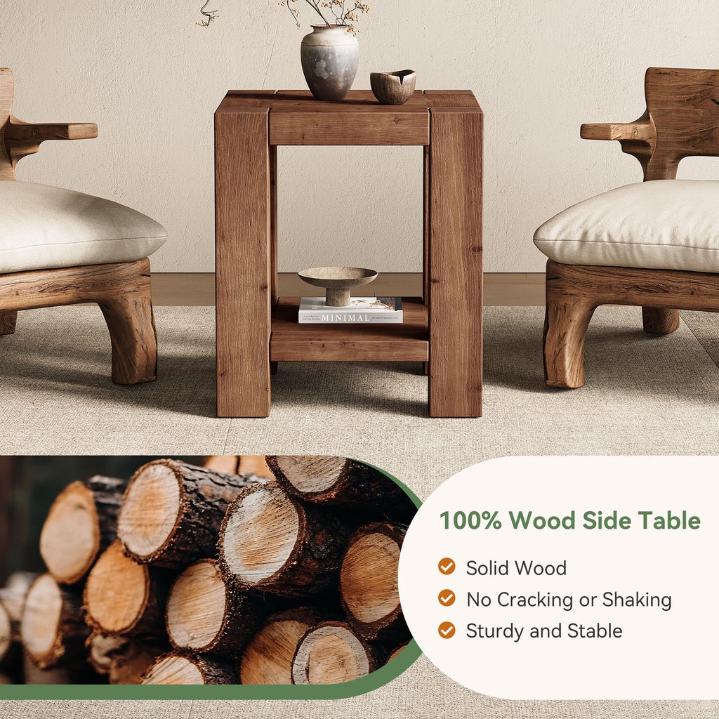 Solid Wood 2-Tier Side Table Set of 2 with Storage Shelves W3488