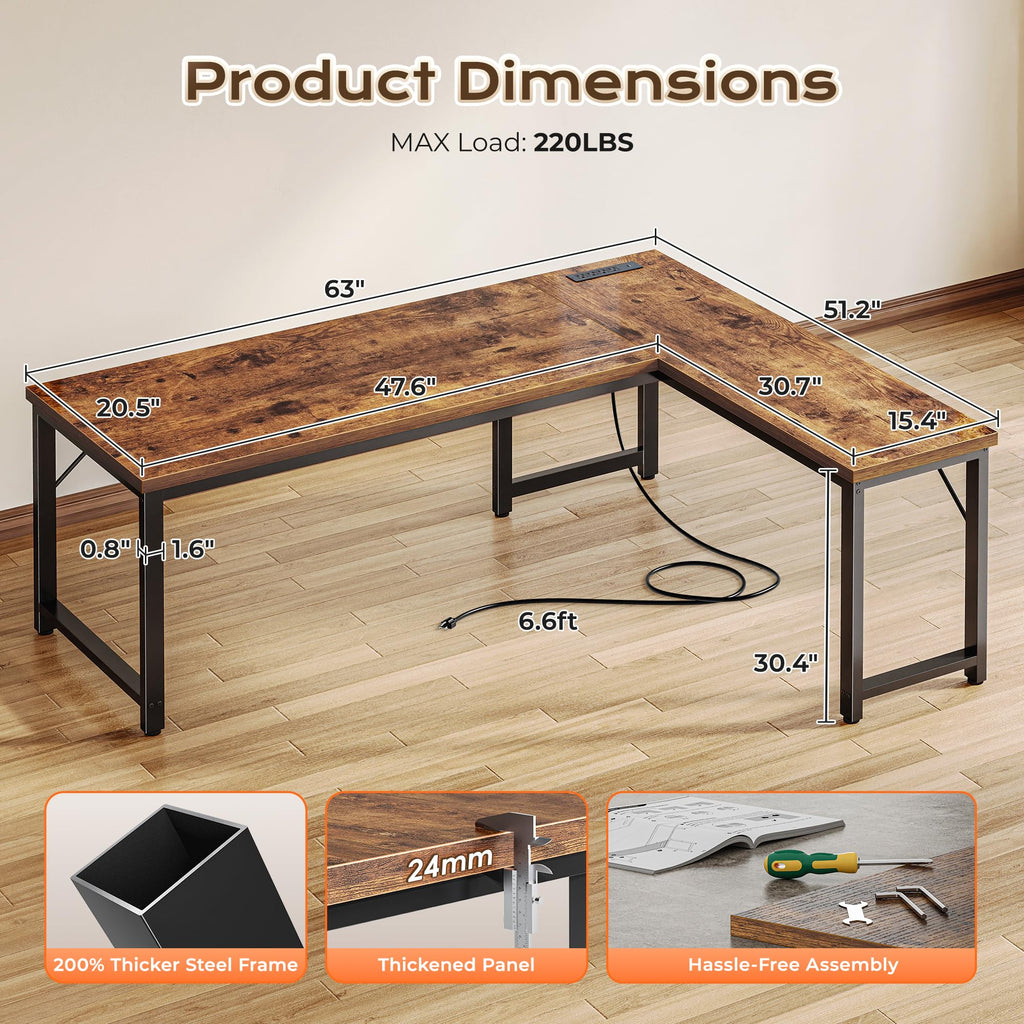 63 Inch L Shaped Desk with Power Outlets D21390