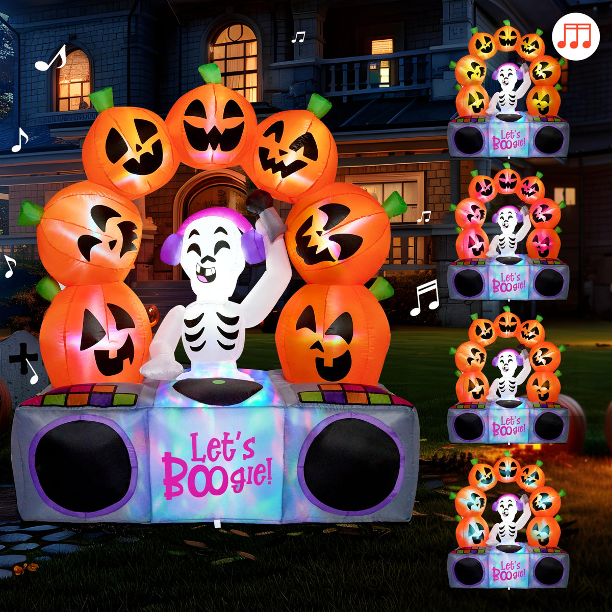 6 FT Inflatable Music Skeleton and Pumpkin with Colorful LEDs D348