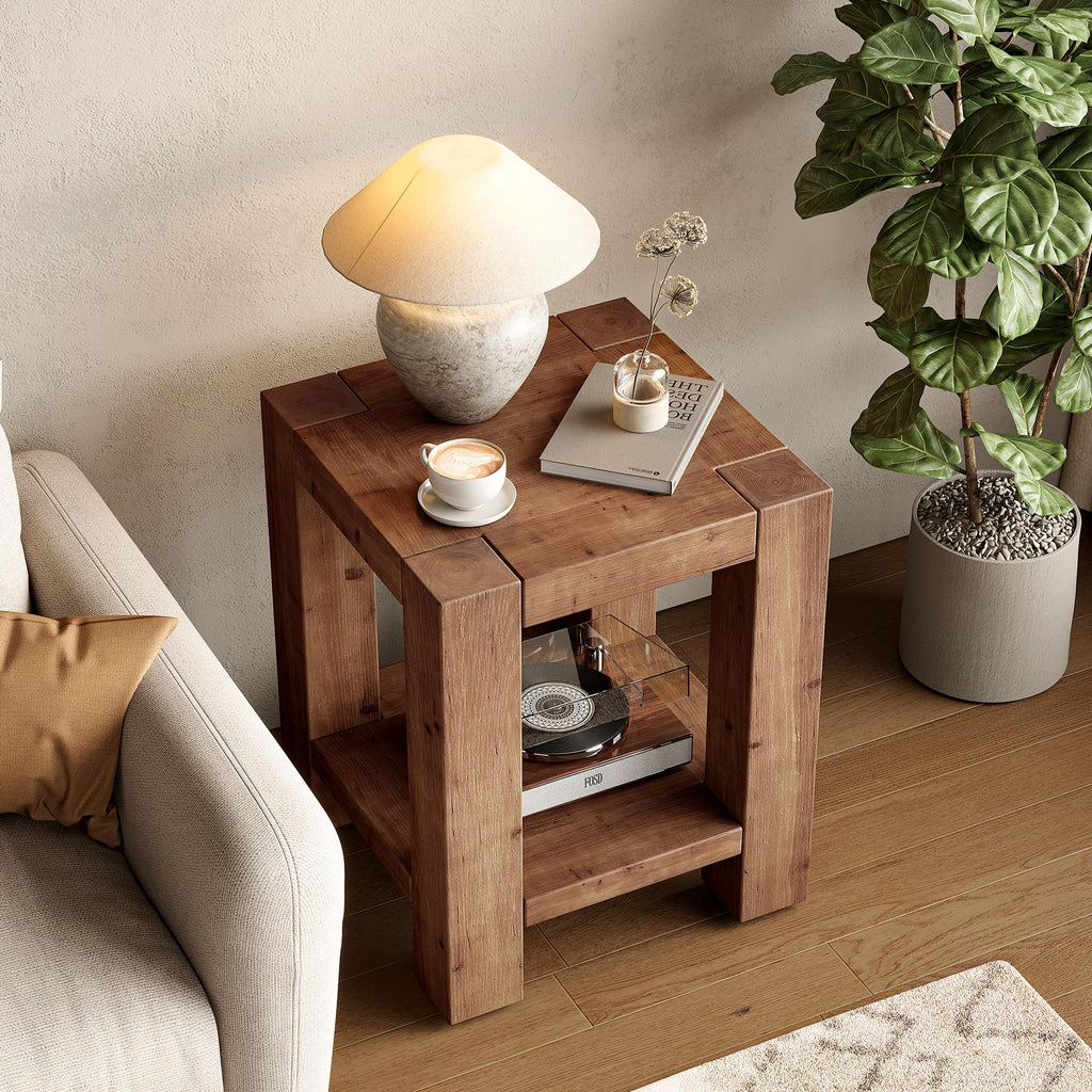Solid Wood 2-Tier Side Table Set of 2 with Storage Shelves W3488