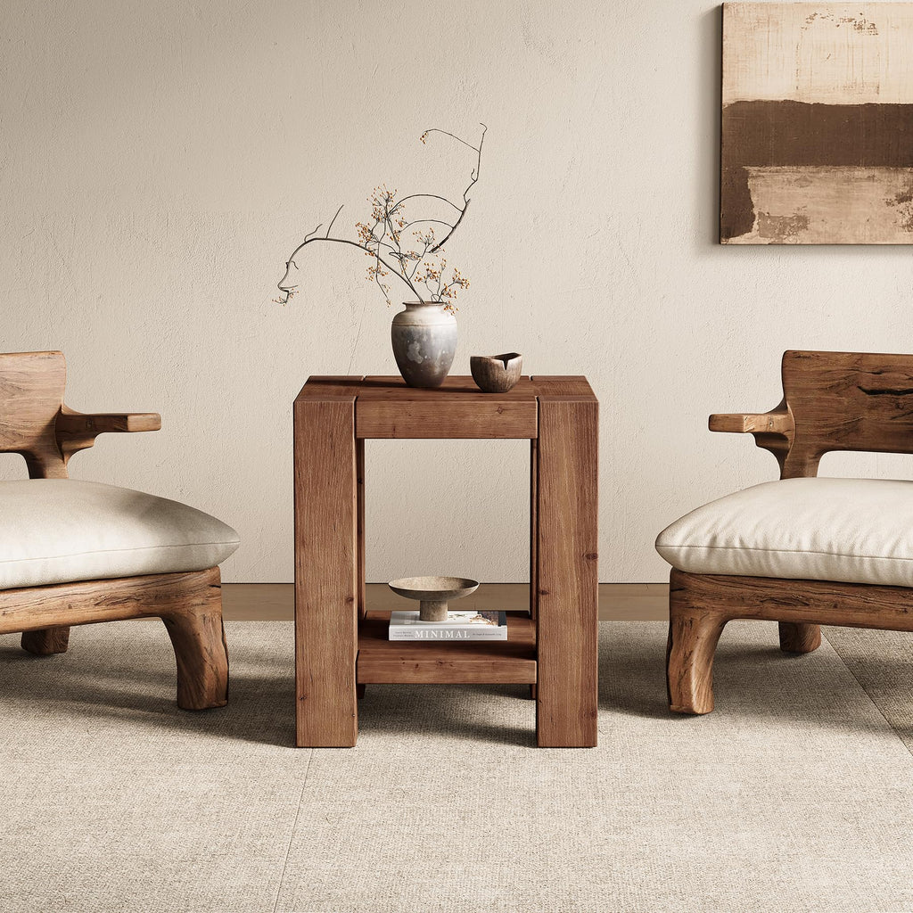 Solid Wood 2-Tier Side Table Set of 2 with Storage Shelves W3488