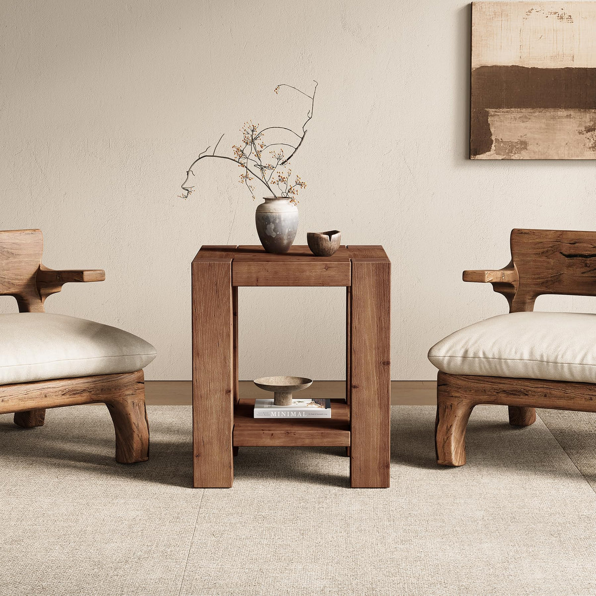 Solid Wood 2-Tier Side Table Set of 2 with Storage Shelves W3488